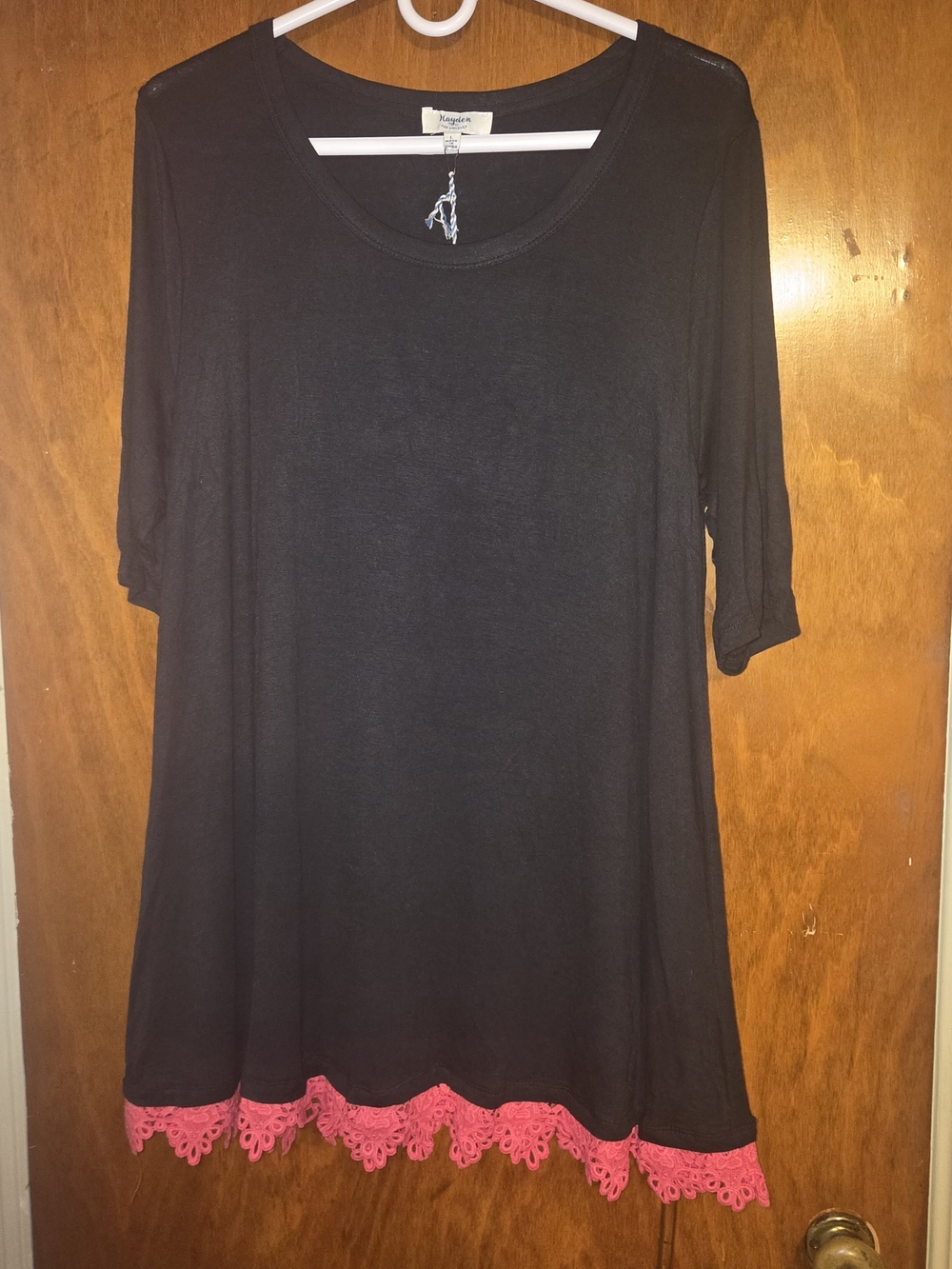 Hayden Los Angeles Black Hot Pink Crochet Lace Hem Swing Tunic Dress Size L